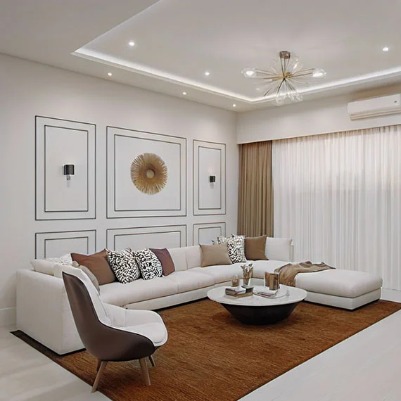 Modern living room design with L-shaped sofa from sofa set market in Kasheli