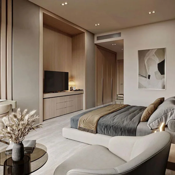 Modern and elegant hotel room design by AF Furniture & Interior, showcasing stylish decor and premium finishes — Hotel Interior Service in Kasheli.