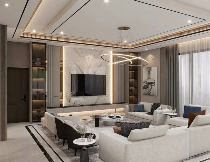 Modern living room with stylish false ceiling and interior service in Kasheli